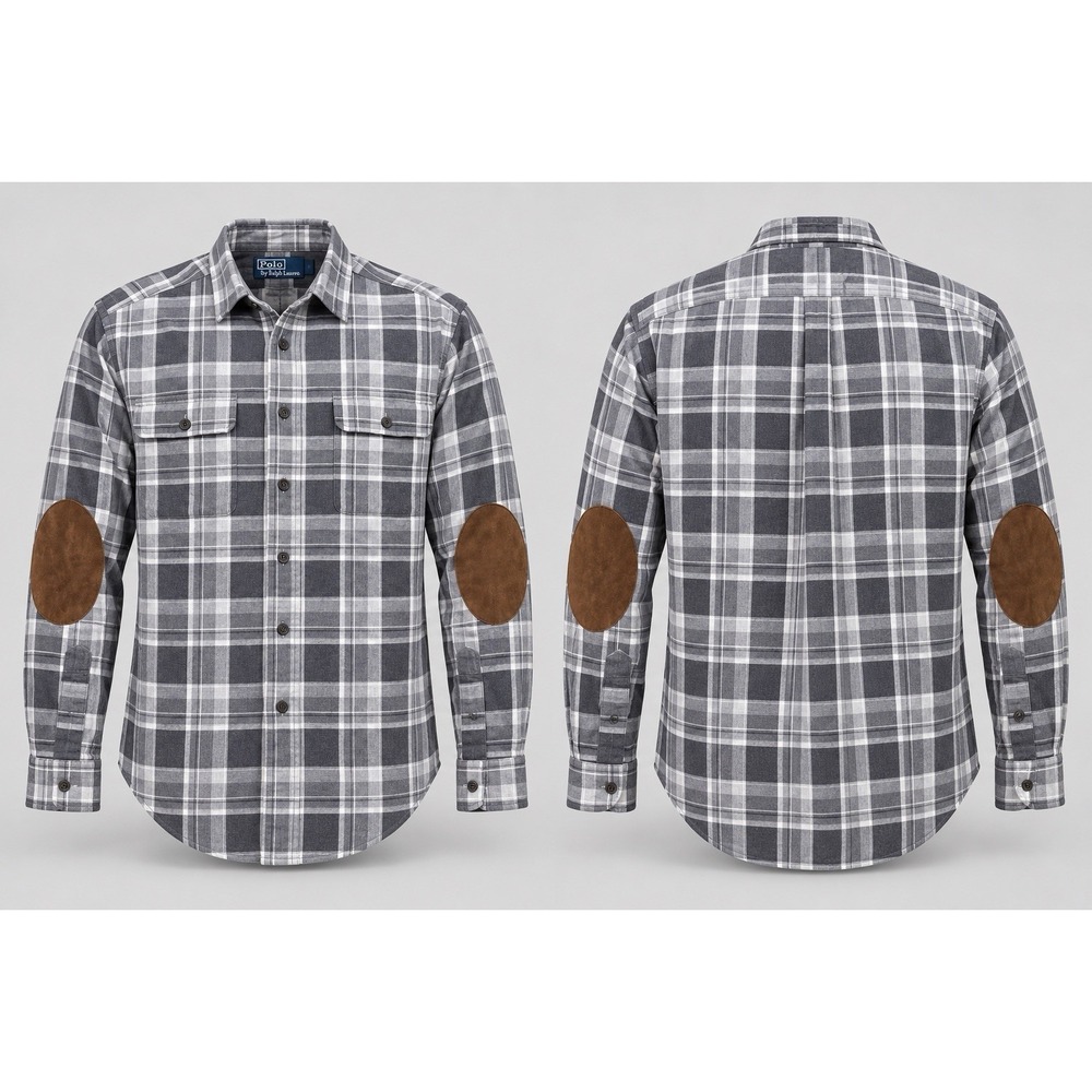 Polo Ralph Lauren Men's Gray Plaid Elbow Patch Long Sleeve Button-Up Size M